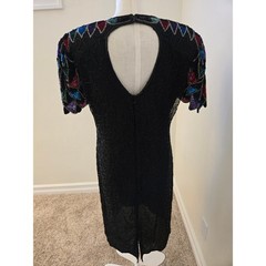 Vintage Silk Sequin Beaded Cocktail Dress Art Deco Sleeve Open Back Midi
