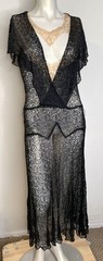 Antique 20s 30s Black Lace Art Deco Dress S M 3-in-1 Sleeveless Midi Fitted