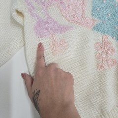 VTG 1980s Sheseido Pastel Sweater M White Blue Pink Lurex Chenille Pearls Fairy