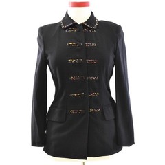 90s Vintage Wool Blazer Womens 12 L Military Style Black Rainbow Trim Jacket