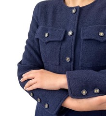 CHANEL Vintage 95A CC Logo Gold Button Collarless Jacket #36 Dark Blue Wool