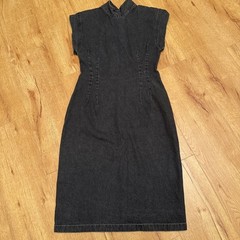 VTG JONI BLAIR 80s Demin Black Faded SIZE 11 Open Back Shoulder Pads Dress