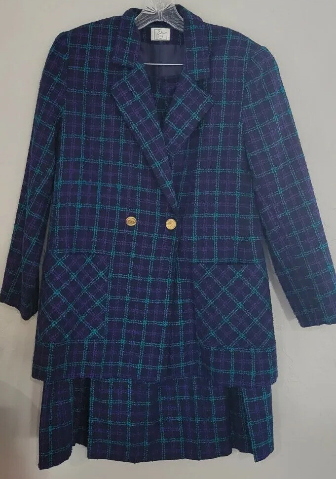 Vtg Eva Late 70s Early 80s Womens Wool Blend Blazer And Skirt Navy Multi Sz 9/10