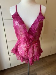 Vintage Val Mode Lingerie Bodysuit Teddy Bright Pink Lace- Medium
