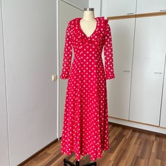 1970s Red Polka Dot Maxi Dress Ruffle Neck Prairie Empire Waist Summer Retro