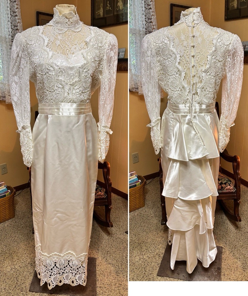 VTG 80s JESSICA MCCLINTOCK White Lace Victorian Wedding Dress High Neck 36x30x38