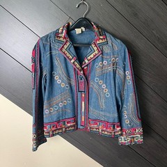 Coldwater Creek Womens Embroidered Denim Jacket Petite XS Blue Boho Western