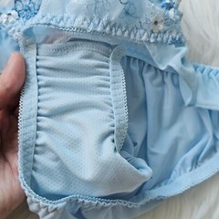 Vintage Sissy Lace Panty Blue Nylon Spandex Blend Brief Size Small Hip 32-36″