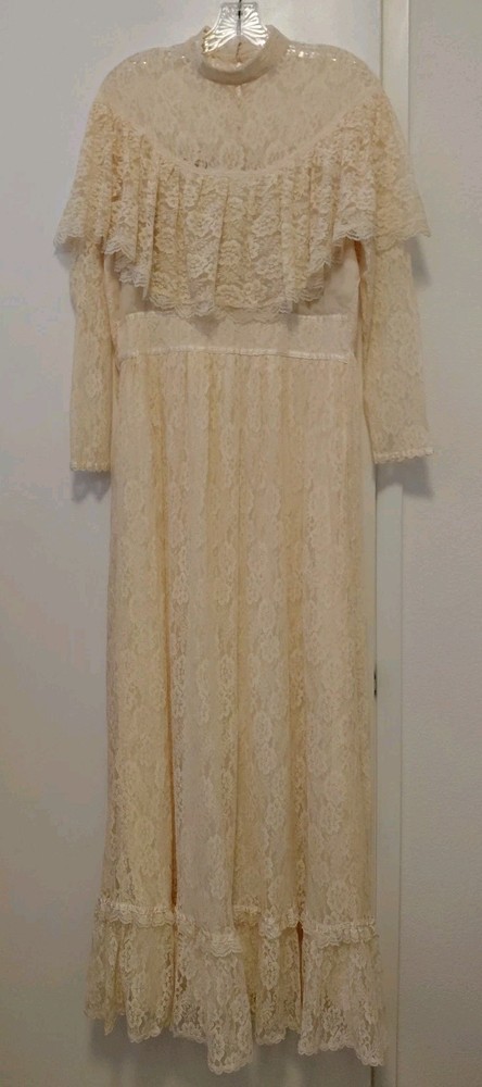 Gunne Sax Vintage 1970’s Cream Lace Wedding Dress Maxi Prarie Western Size 13