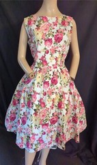 1980’s-50’s VINTAGE STYLE COTTON BLEND FLORAL LINDY BOP FULL DRESS-38″ BUST