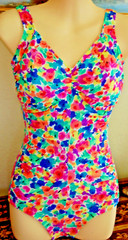 Vintage Gabar Floral Print 1 Piece Swimsuit Ruched Front Size 10 L made in USA
