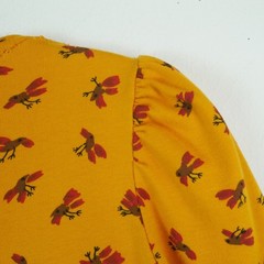 Betsey Johnson Alley Cat 7/8 XS Dress Vintage 70s Bird Print Yellow Puff Sleeve