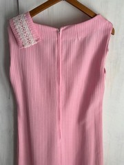 Vintage 60s 70s Pink Ribbed Mod Maxi Long Sheath Dress Crochet Lace Belt M/L