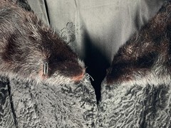 VTG Black Persian Lamb Broadtail Coat Mink Fur Collar Glam Classic S/M Old Money