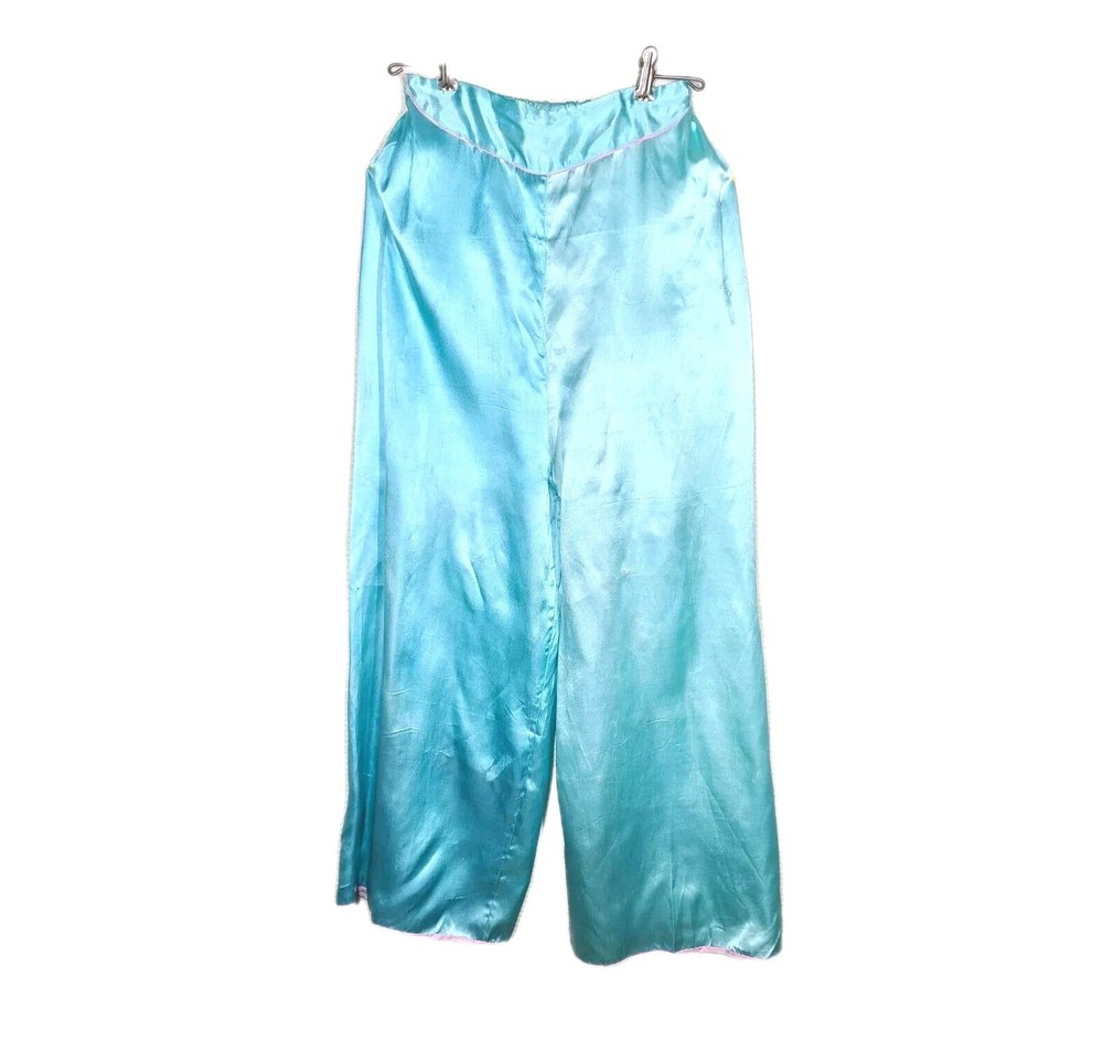 Vtg 50s 60s Satin Wide Leg Pajama Pants Sky Blue Pink Piping Asian Flat Front S