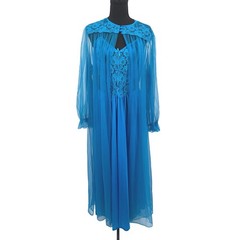 Barbizon Nightgown Robe Set Women XL Blue Nylon Vintage Lace Peignoir USA Made