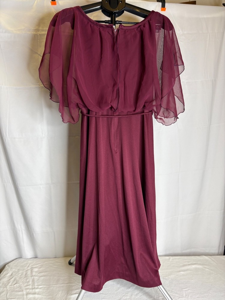Vtg 1970s Burgundy Magenta Sheer Overlay Embroidered Floral Maxi Dress Size 14.5