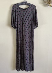 1990s Indian Block Print Rayon Gauze Tie Back Dress Grunge Floral Punk M 90s VTG