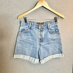 Vintage 90s Y2K Denim Shorts Boho Coastal Zigzag Button Fly Rolled Cuffs Sz L