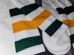VTG 80’s 2 Thick Stripe Tube Socks 23″ long Standard Size Green Yellow White NOS