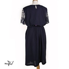 Vintage 80s Dress Padded Shoulder Elastic Waist Lace Sleeves Blue Sz 18 -Hey Viv