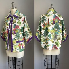 Vintage 1950’s Asian Theme Print Barkcloth Jacket Robe Cover Up w/ pockets M/L