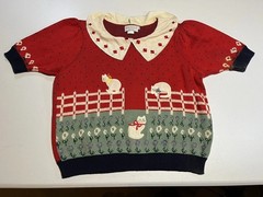 vtg Sweater Loft Womens L Knit Cat Floral Flower Red Cottage Core Grandma Kawaii