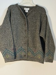 Kilkenny Pure New Wool Button Up Sweater w/Decorative Trim Made in Ireland Sz.M
