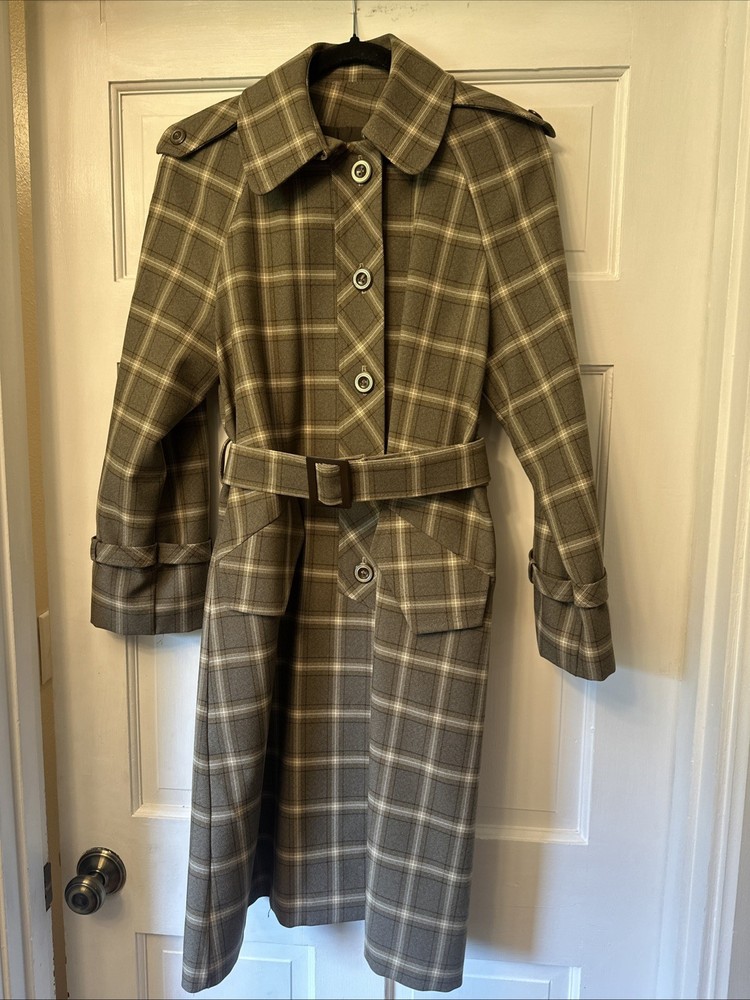 Vintage I. Magnin Womens Belted Trench Coat Plaid Medium