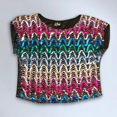 Vintage 1980s Rio Blouse Multicolor Rainbow Zigzag Sequin Party Top Made in USA