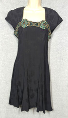 Vtg Carole Little Black Dress 6P Art Deco Coset Back Gold Turq Embroidery Boho
