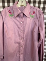 Vintage 70s Western Handmade Embroidered Flowers Pearl Snap Womens Petite Small
