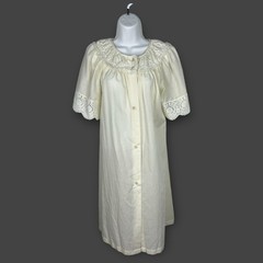 Vintage Yellow Gilead Lace Button Front House Robe Dress Coat Granny Chic Small