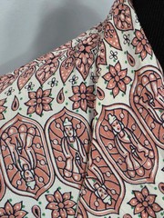 Vintage 1940s Pink Buddha Stained Glass Novelty Print Dress (B-39″ W-30″ H-38″)