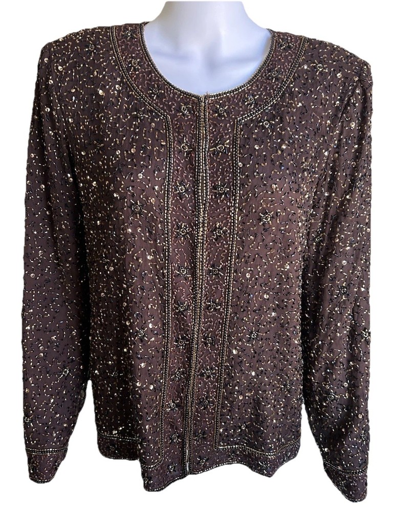 Vintage Stenay 100% Silk Beaded Sequin Jacket Women’s L Brown Art Deco Evening