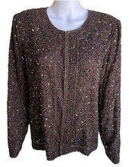 Vintage Stenay 100% Silk Beaded Sequin Jacket Women’s L Brown Art Deco Evening