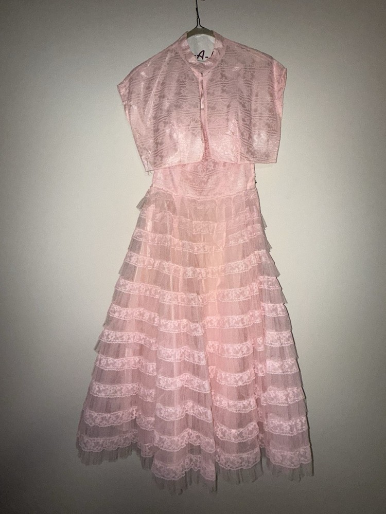 1950’s Vintage Pink Lace Ruffle Strapless Prom Party Dress with Bolero Jacket