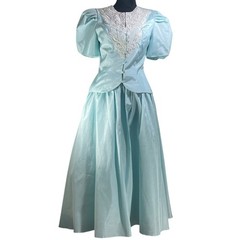Vintage Light Blue 2 Piece Gown Set Lace Bib Puff Sleeve Basque Waist Maxi Skirt