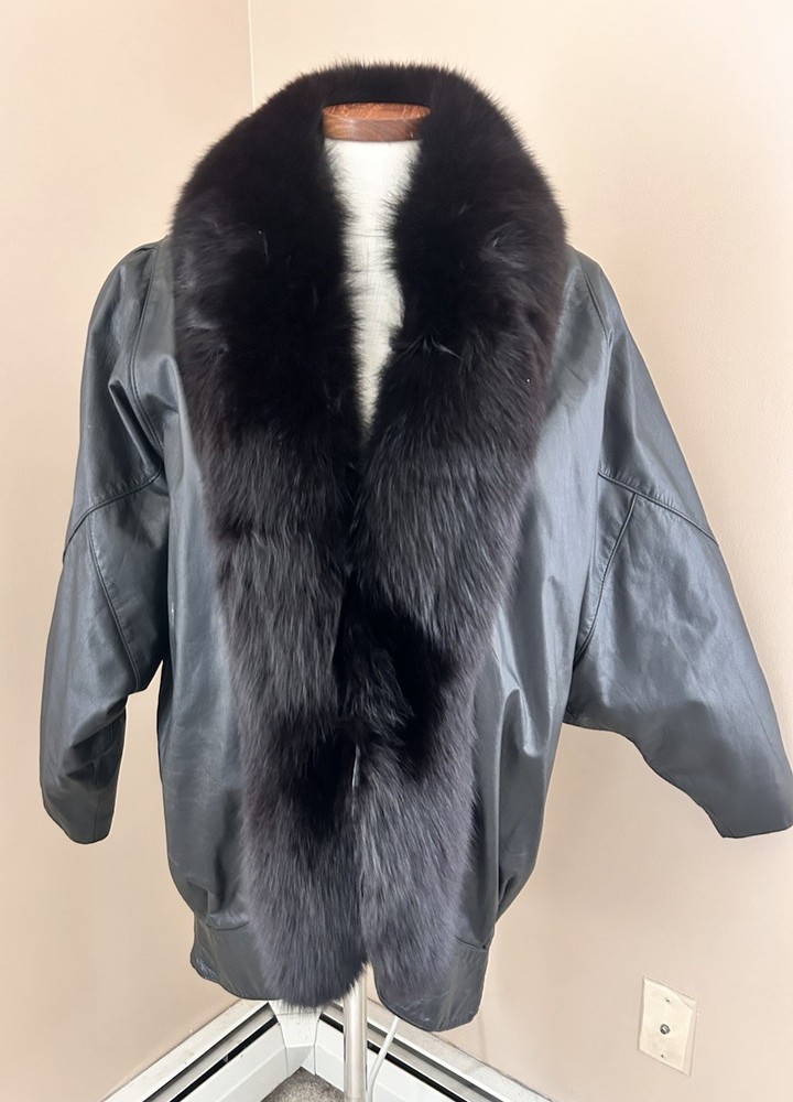 Vintage 1980s Jacqueline Ferrar Black Leather Coat Fox Fur Trim Size M