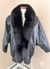 Vintage 1980s Jacqueline Ferrar Black Leather Coat Fox Fur Trim Size M