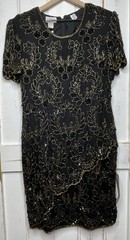 STENAY NWT VTG Black Gold SILK Floral Beaded Sequin Tiered Evening Gown Dress 14