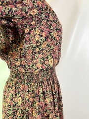 Vintage 80s Taurus II Size 8 Dark Floral Dress Smocked Waist Union Made