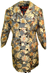 VTG Betty Rose Gray Orng Floral Coat Tapestry Double Breasted Dagger Collar Lrg