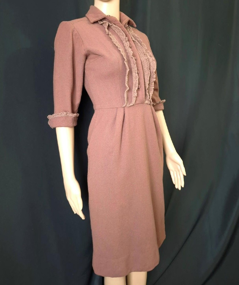 GAY GIBSON vintage 1940s 50s WOOL & LACE SHIRT WAIST DAY DRESS 25 inch waist