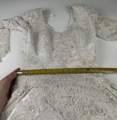Mon Cheri Vintage Wedding Dress Size S/M Lace Satin Cathedral Bow Back Bridal