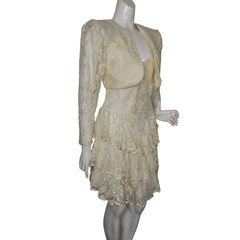 Vintage 80s NUANCE Dress/Jacket Set, XS, Lace, Yellowed, Ruffle Skirt, Bolero