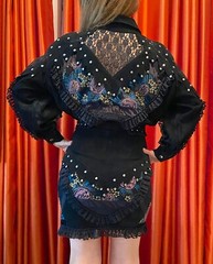 Vintage 1980’s Bali Designer Black Suede Lace Studs Velour Jacket Mini Dress S