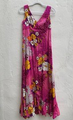 Vintage 60s Alfred Shaheen Hawaii 10 Long floral dress Neon Pink Barkcloth