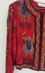 Laurence Kazar 100% Silk Red Beaded Jacket Top Tassel Cord Size S Vntg 90s Glam