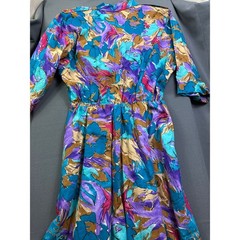 VTG Caliche 80s Abstract Floral Midi Dress Teal Purple Button Front Women 16P